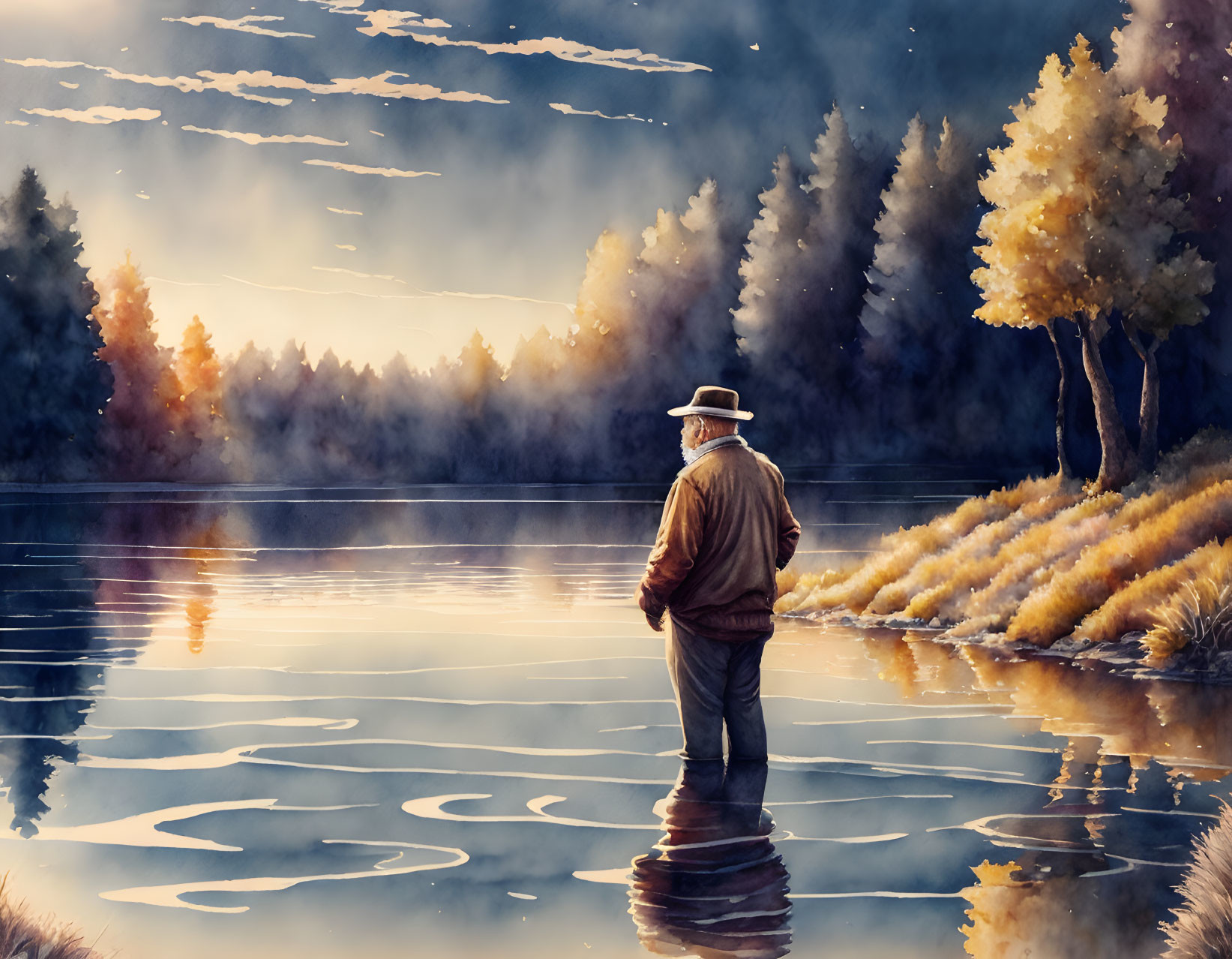 Old man Fish jumping, ripples, lake, reflection, a