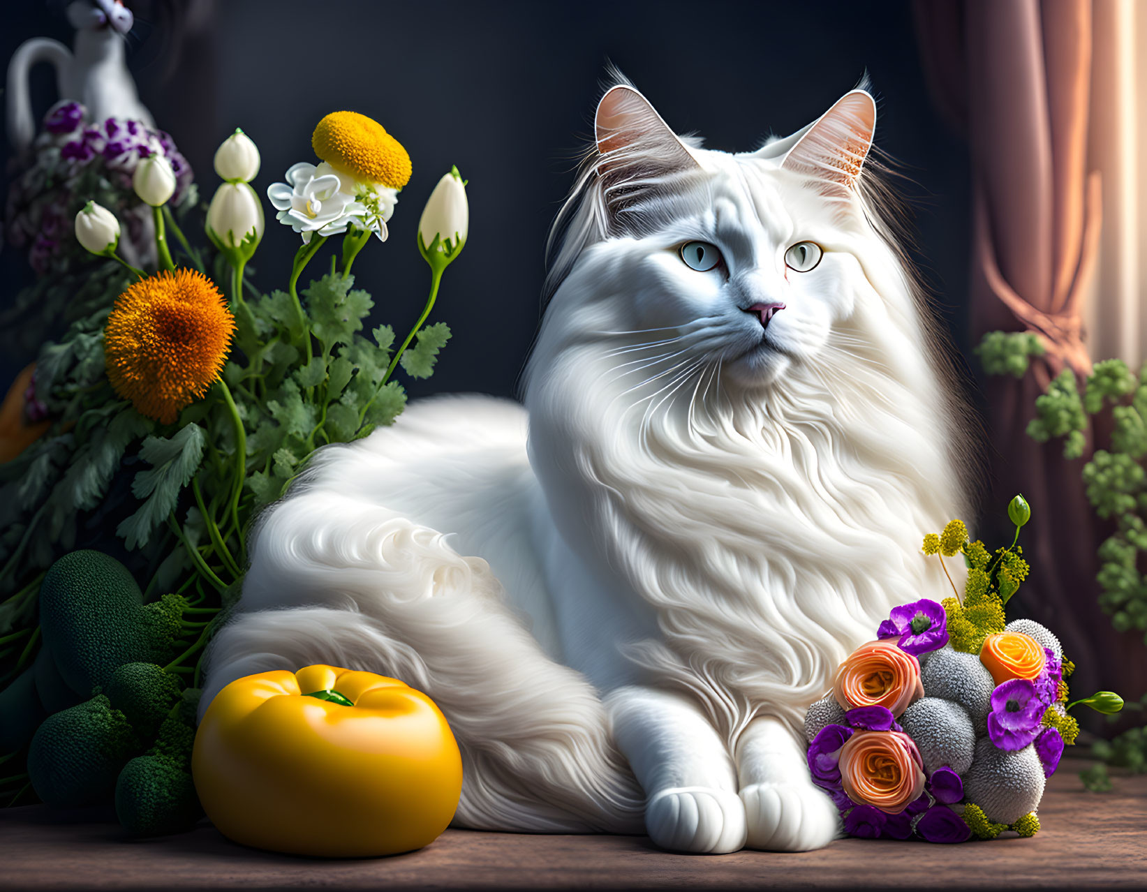 White Long-Haired Cat Among Flowers and Vegetables