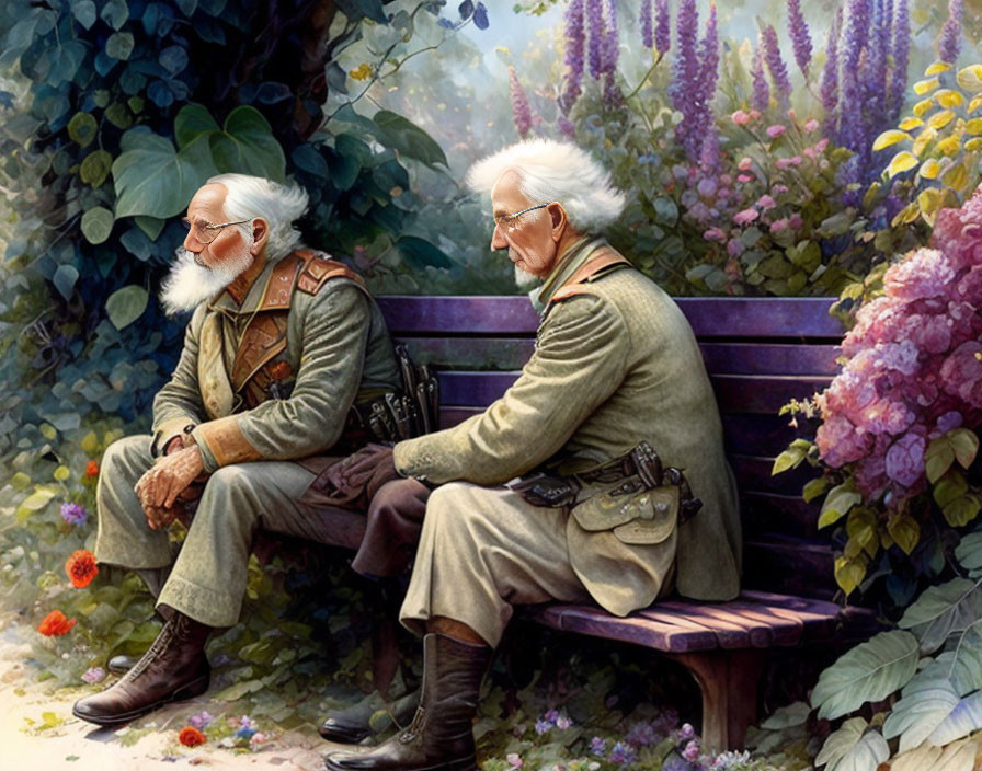 Elderly Men in Vintage Clothing Sit Back-to-Back on Garden Bench