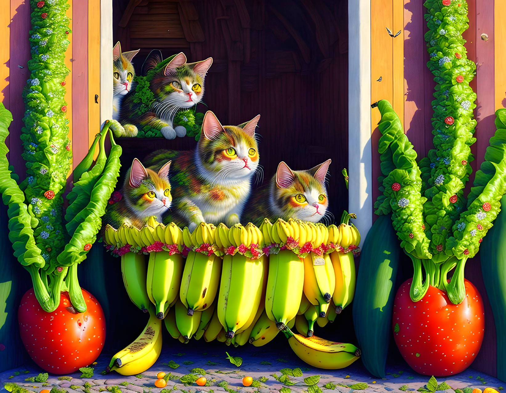 Four Cats Sitting in Wooden Shed Among Fruits and Vegetables