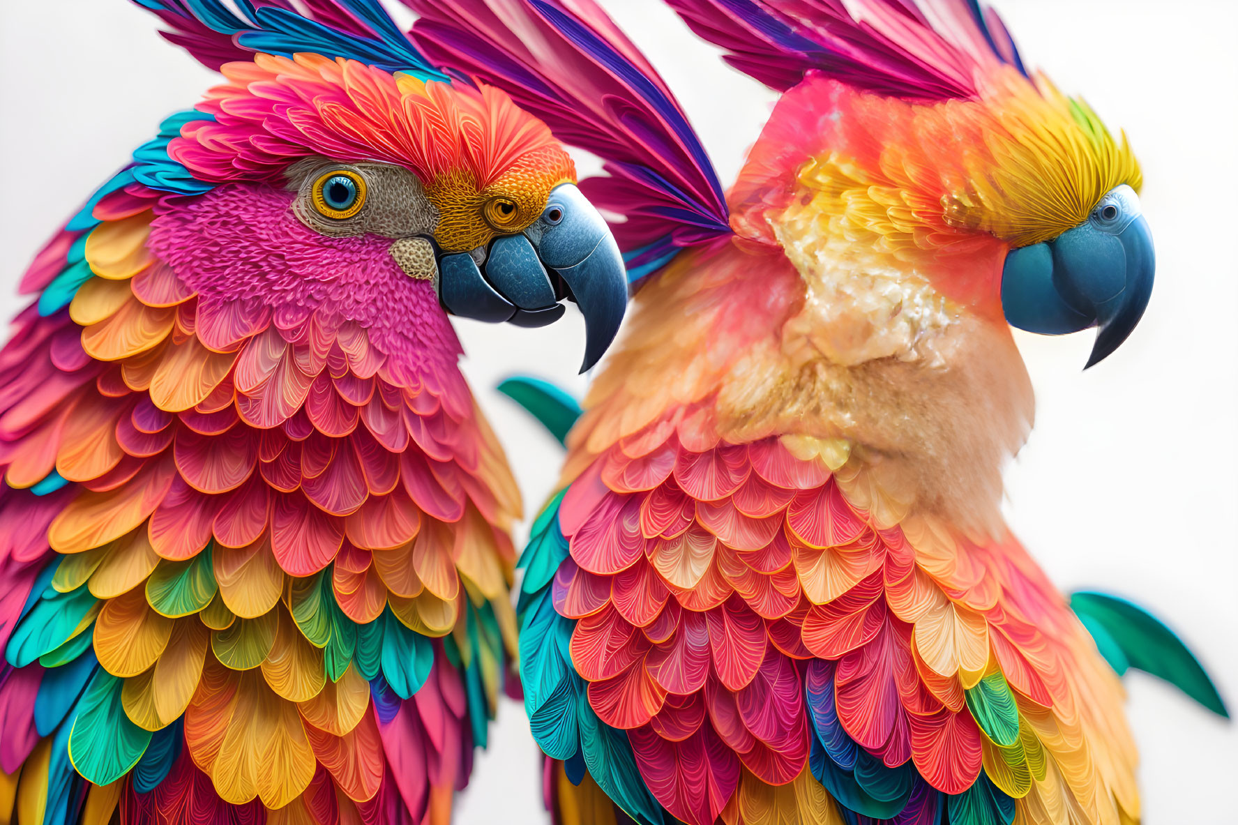 Colorful Stylized Parrots in Pink, Purple, Orange, and Yellow Feathers