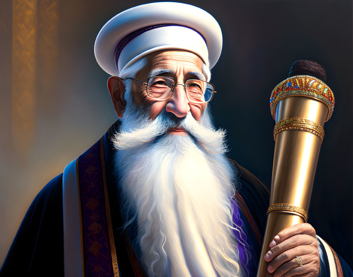 Illustration of elderly man in white turban, glasses, and beard with ornate staff on dark