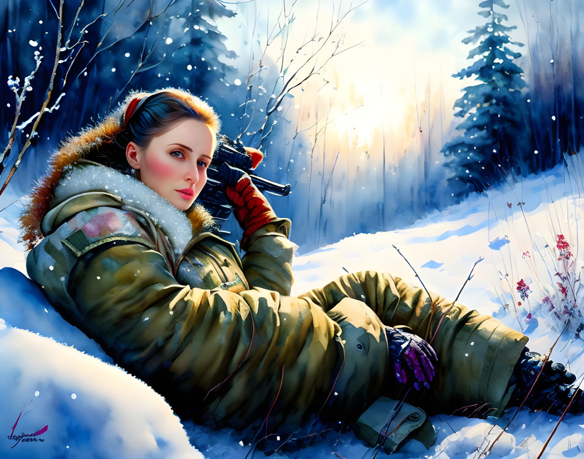 Person in Winter Attire Reclining on Snowy Ground with Wintry Landscape