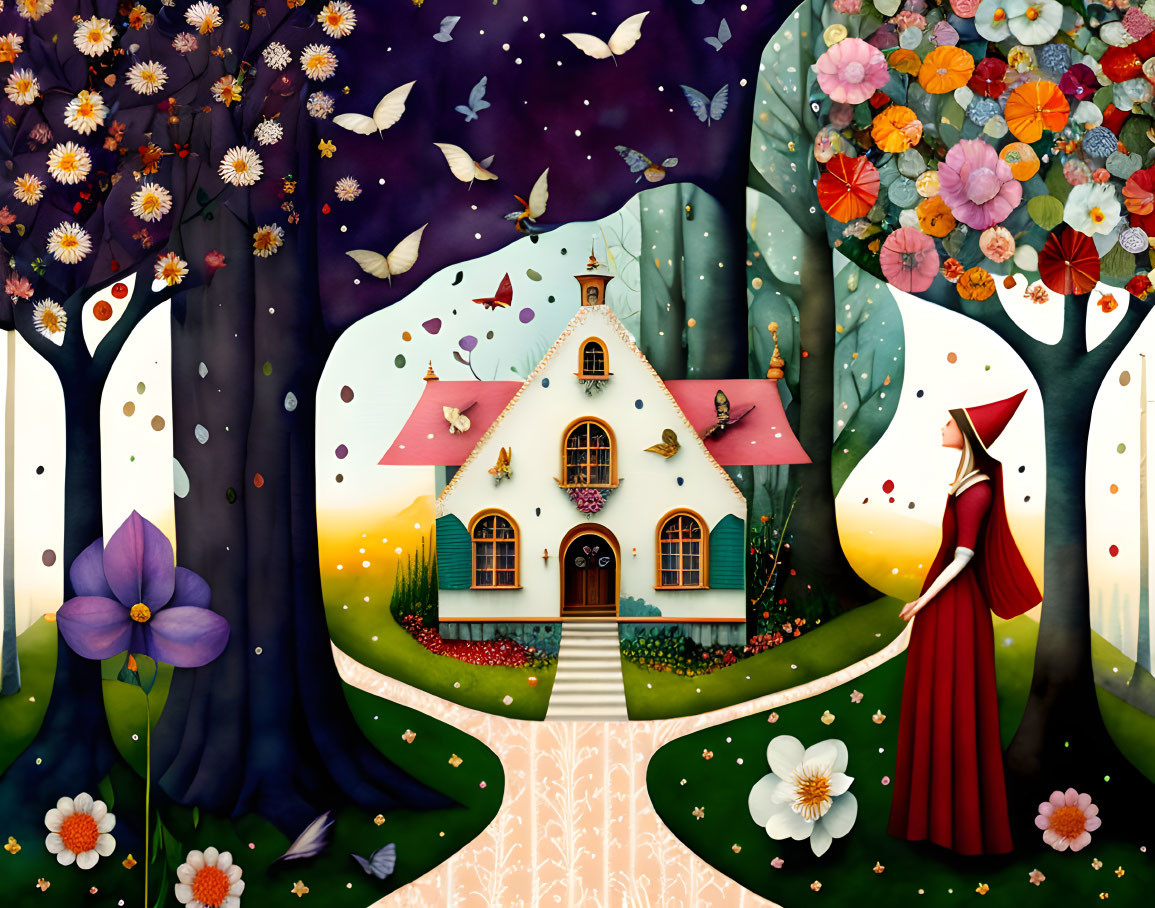 Whimsical cottage illustration with figure, birds, and twilight sky