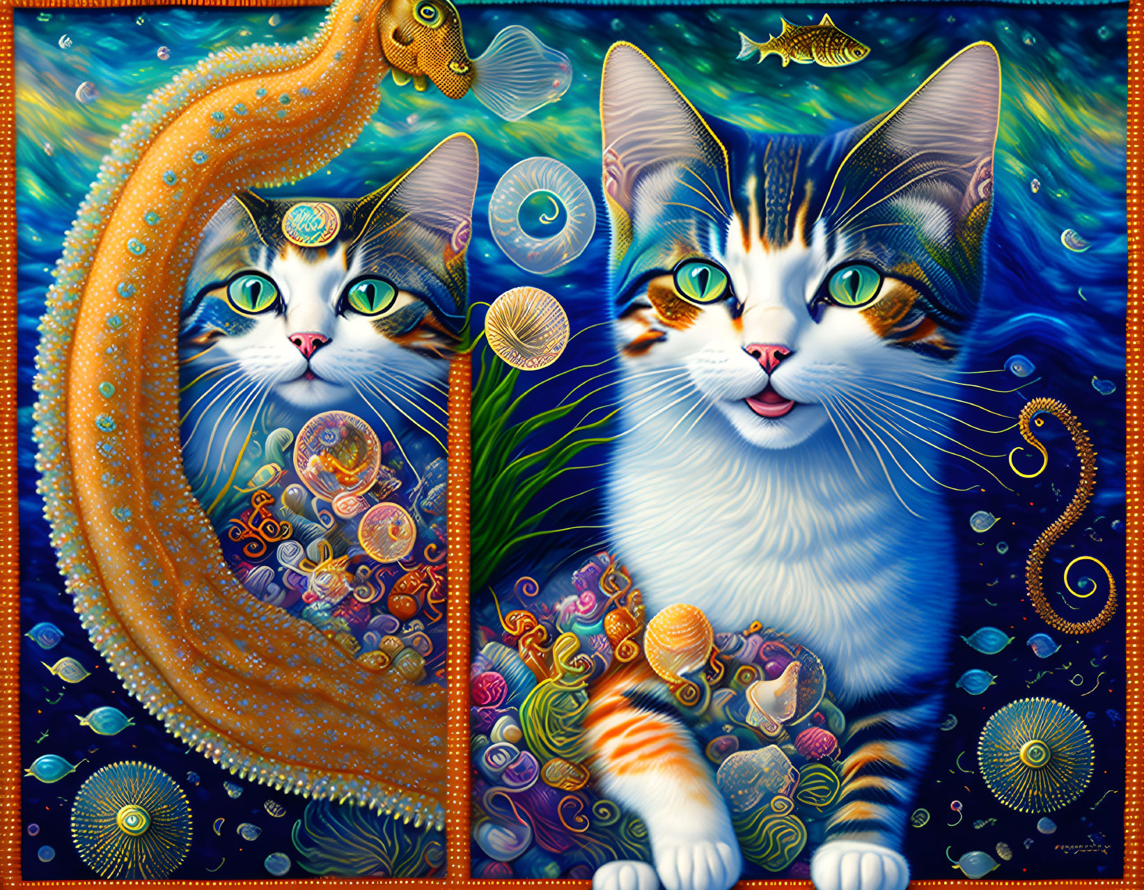 Colorful Digital Artwork Featuring Two Cats with Sea Life Motifs