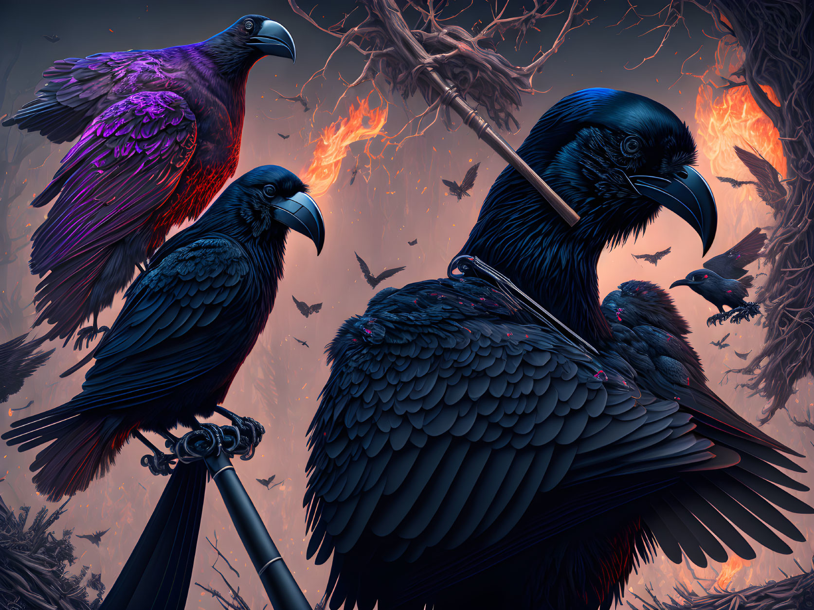 Mystical ravens in fiery forest setting