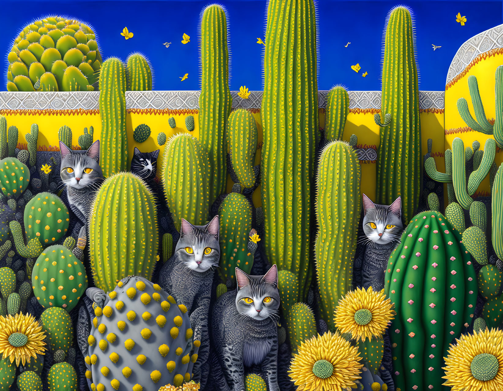 Colorful cactus and cat faces in night sky scene