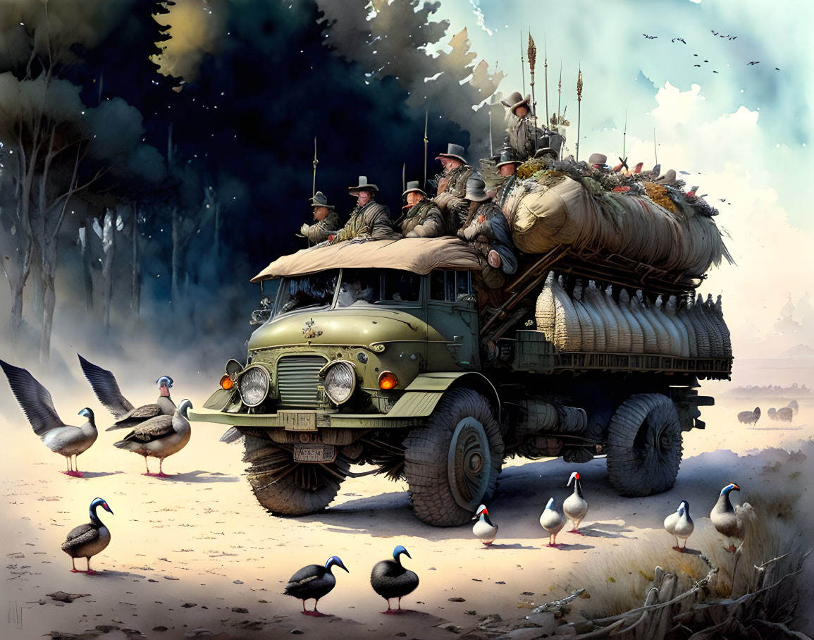 Anthropomorphic animals on overloaded truck in countryside with ducks and birds