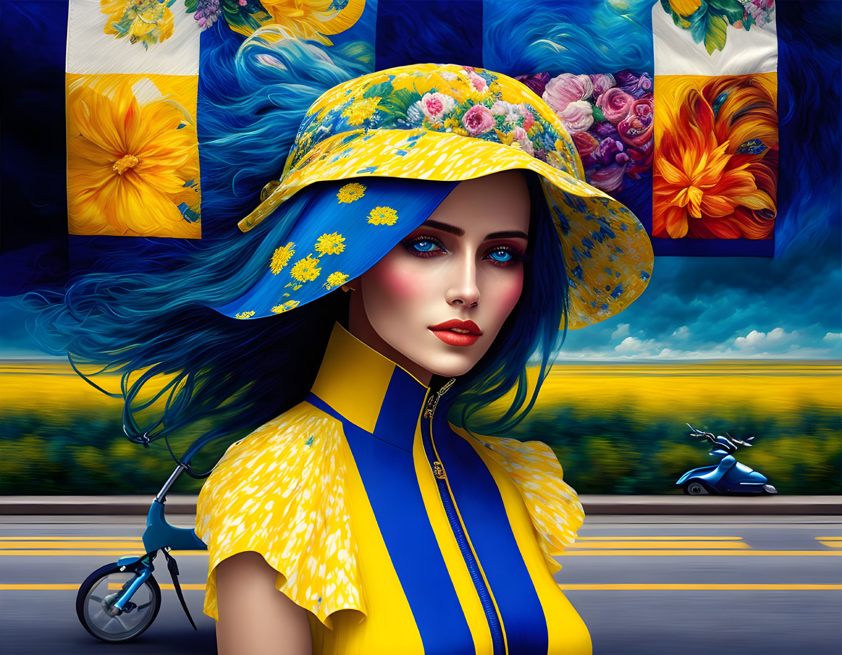 Colorful woman with blue hair in floral hat and yellow dress against quilt pattern, rapeseed field