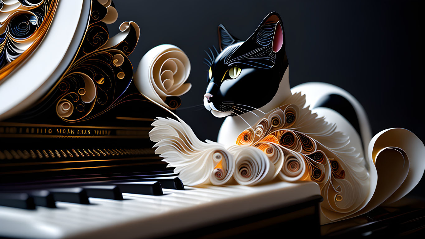 Black and white stylized cat with intricate patterns next to piano keyboard