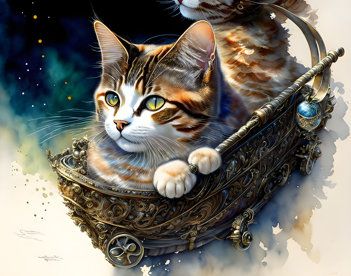 Tabby Cat with Yellow Eyes in Vintage Brass Bathtub Against Cosmic Background