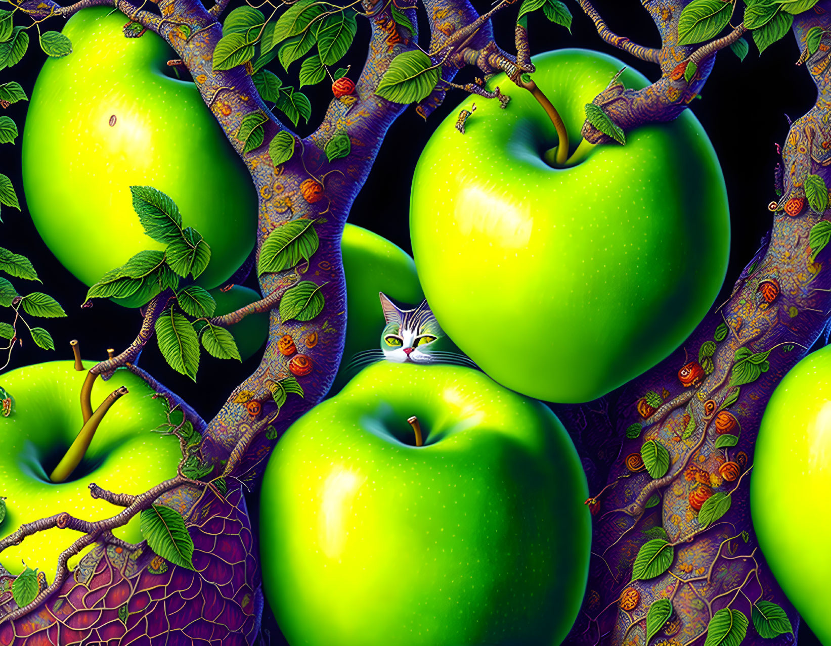 Colorful artwork featuring green apples, detailed branches, hidden cat, and orange creatures.