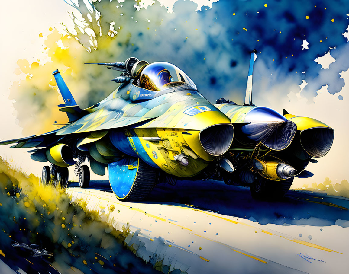 Colorful Fighter Jet Illustration with Blue and Yellow Camouflage