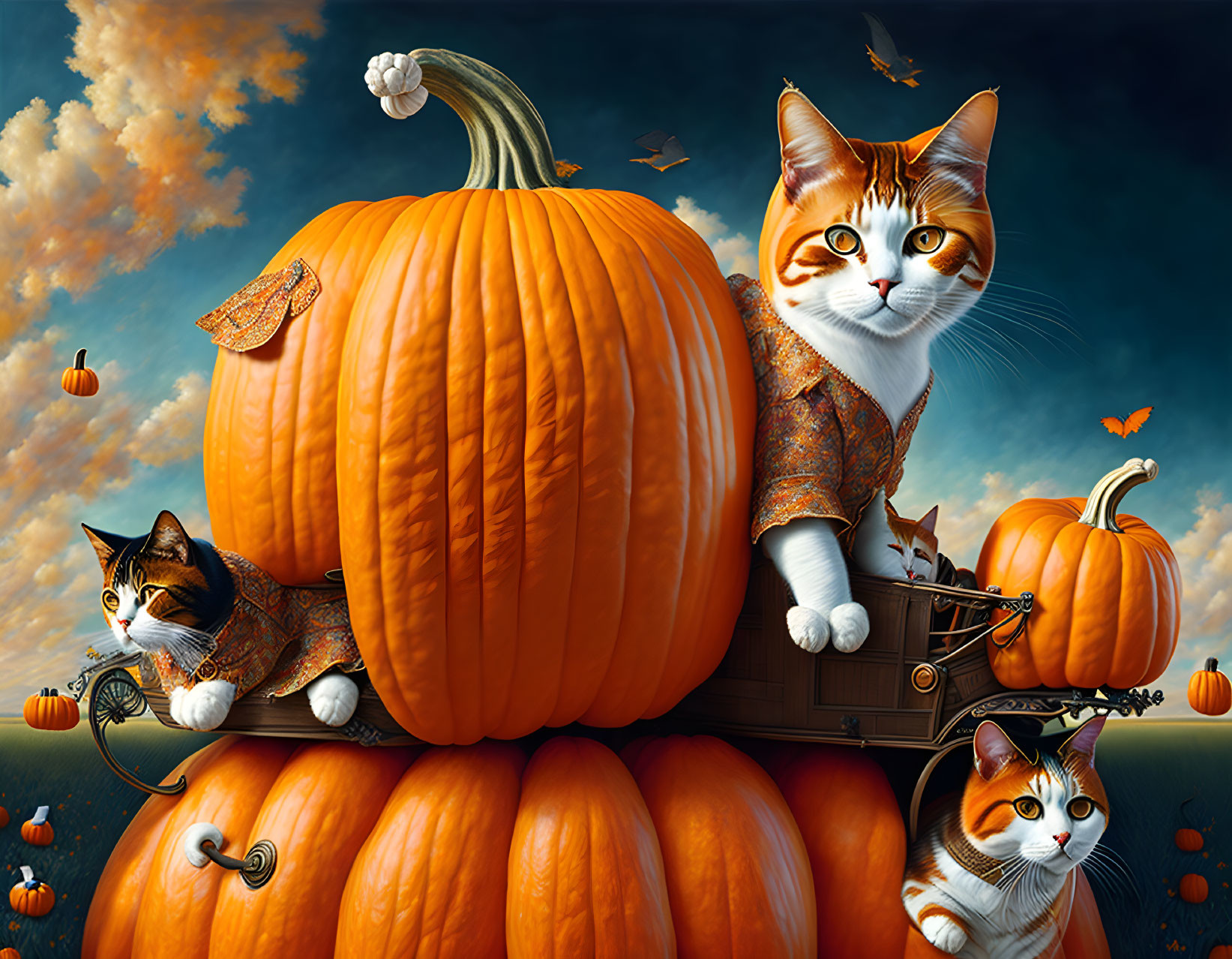 Digital artwork: Three cats in autumn attire on pumpkin-adorned wagon