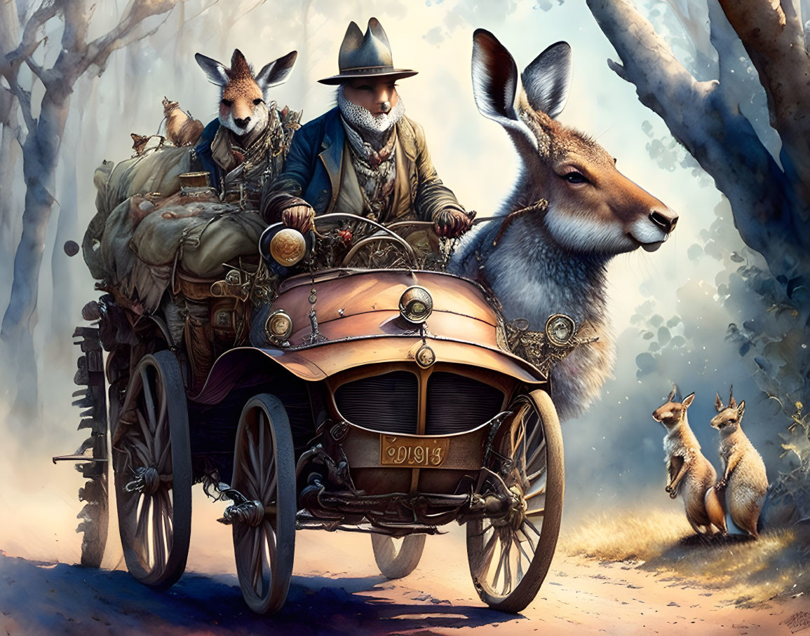 Vintage-themed artwork featuring a person driving an old car with kangaroos.