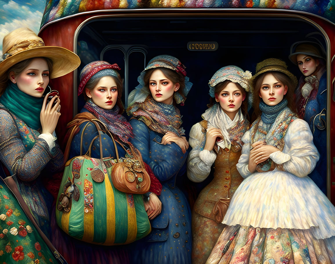 Vintage train carriage scene with elegantly dressed women in fashionable hats.