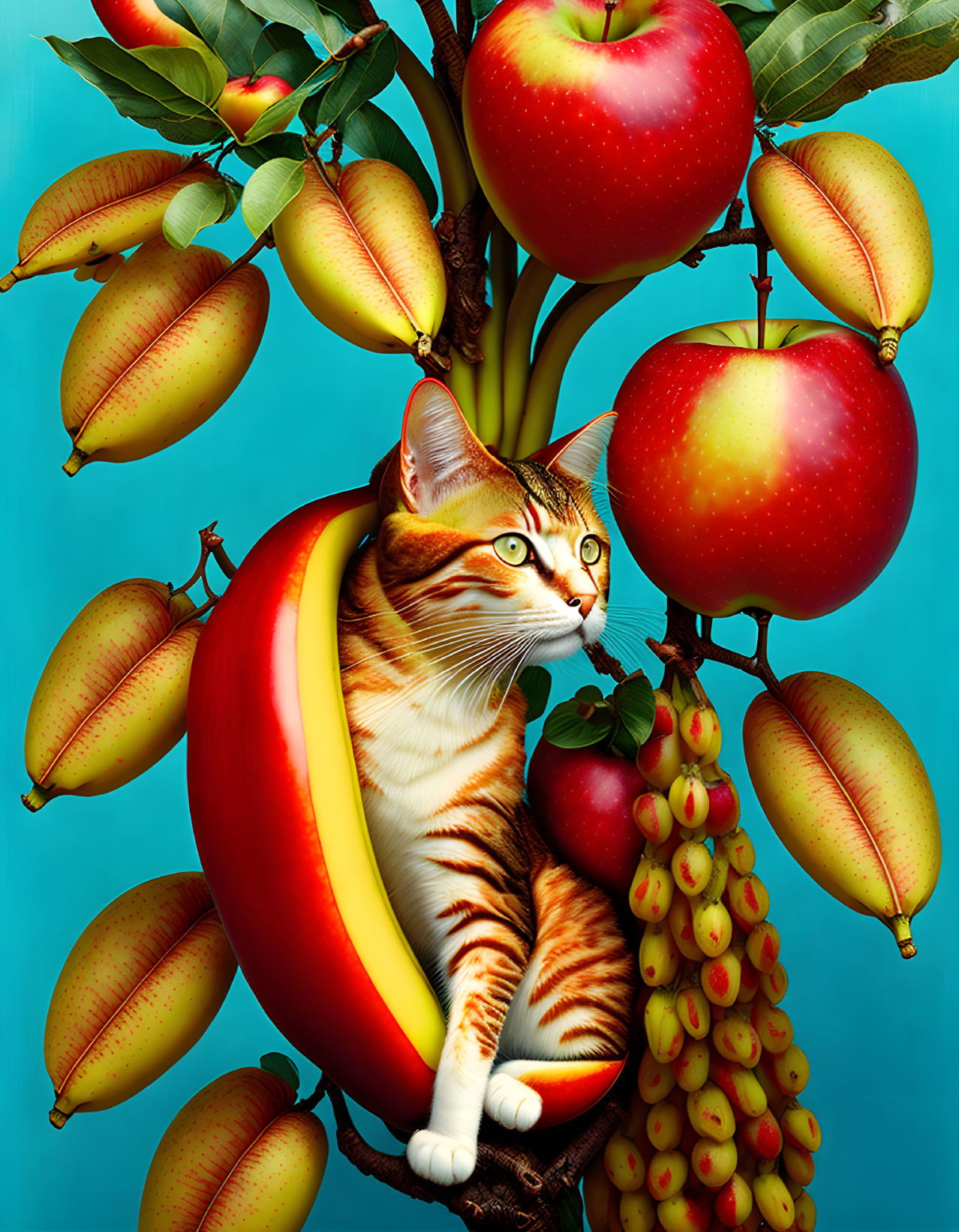 Colorful Cat in Fruit Tree with Apples, Bananas, and Berries