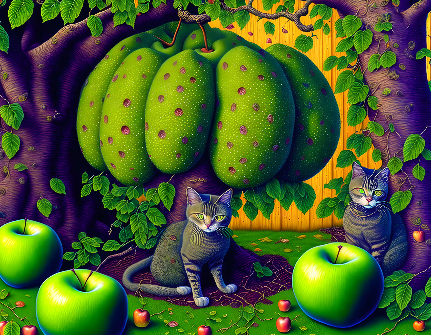 Green-striped cats in surreal environment with oversized apples and unique tree.