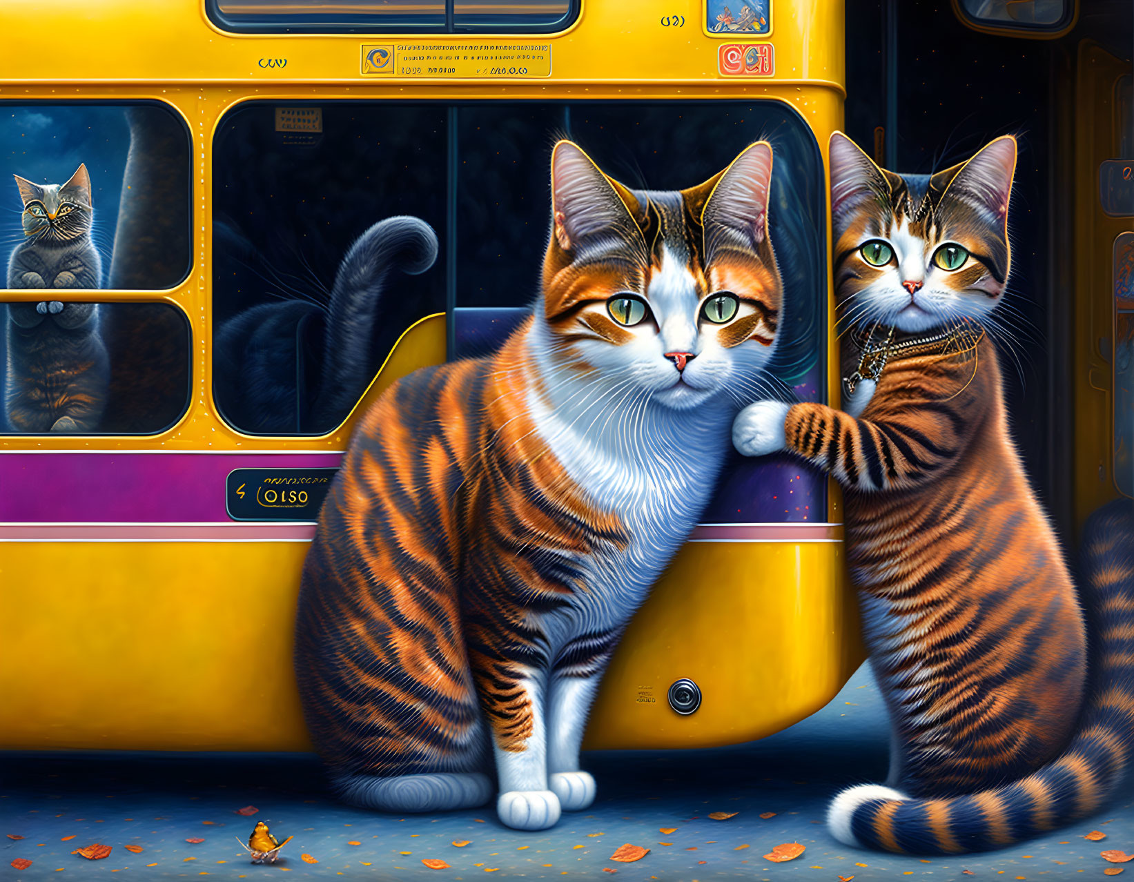 Anthropomorphic striped cats by yellow bus, one leaning with paw raised, another cat inside.