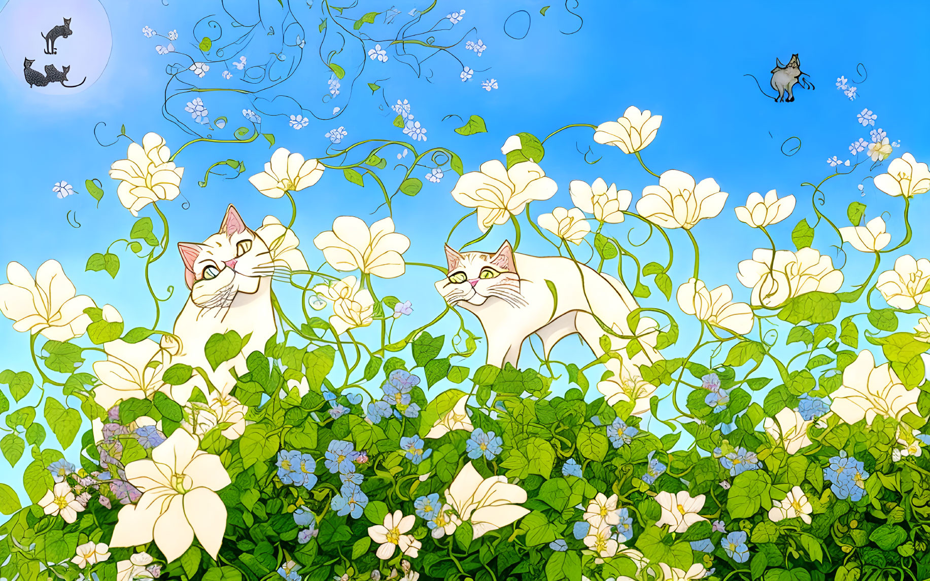 Whimsical animated cats and witch with blooming flowers in blue sky