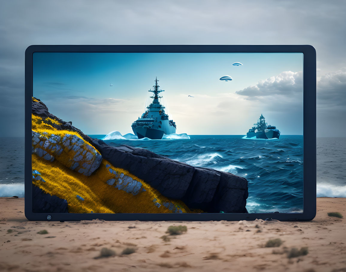 Tablet Wallpaper: Warships on Turbulent Sea with Rocky Shore & Dramatic Sky