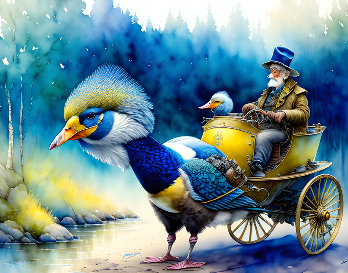 Elderly Man Riding Carriage on Giant Bird Through Mystical Forest