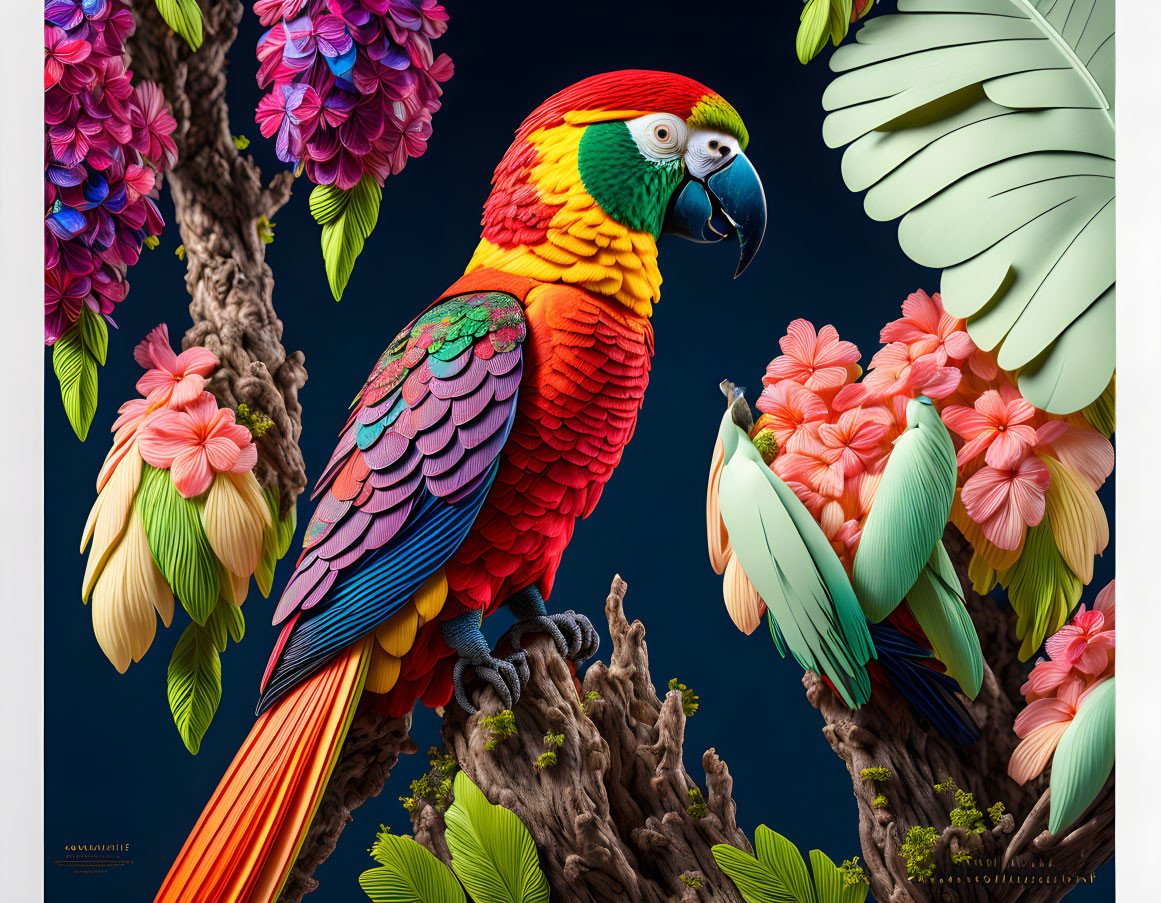 Colorful Macaw Among Tropical Flowers on Deep Blue Background