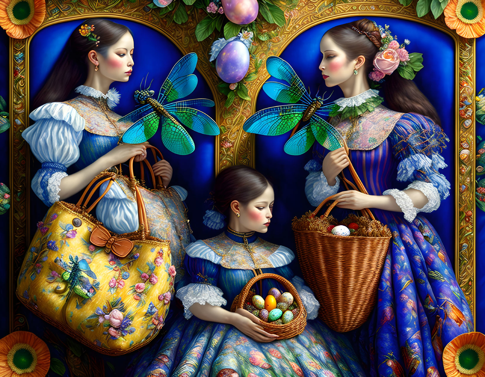 Three women in ornate blue period dresses with puffy sleeves, holding baskets, surrounded by vibrant flowers