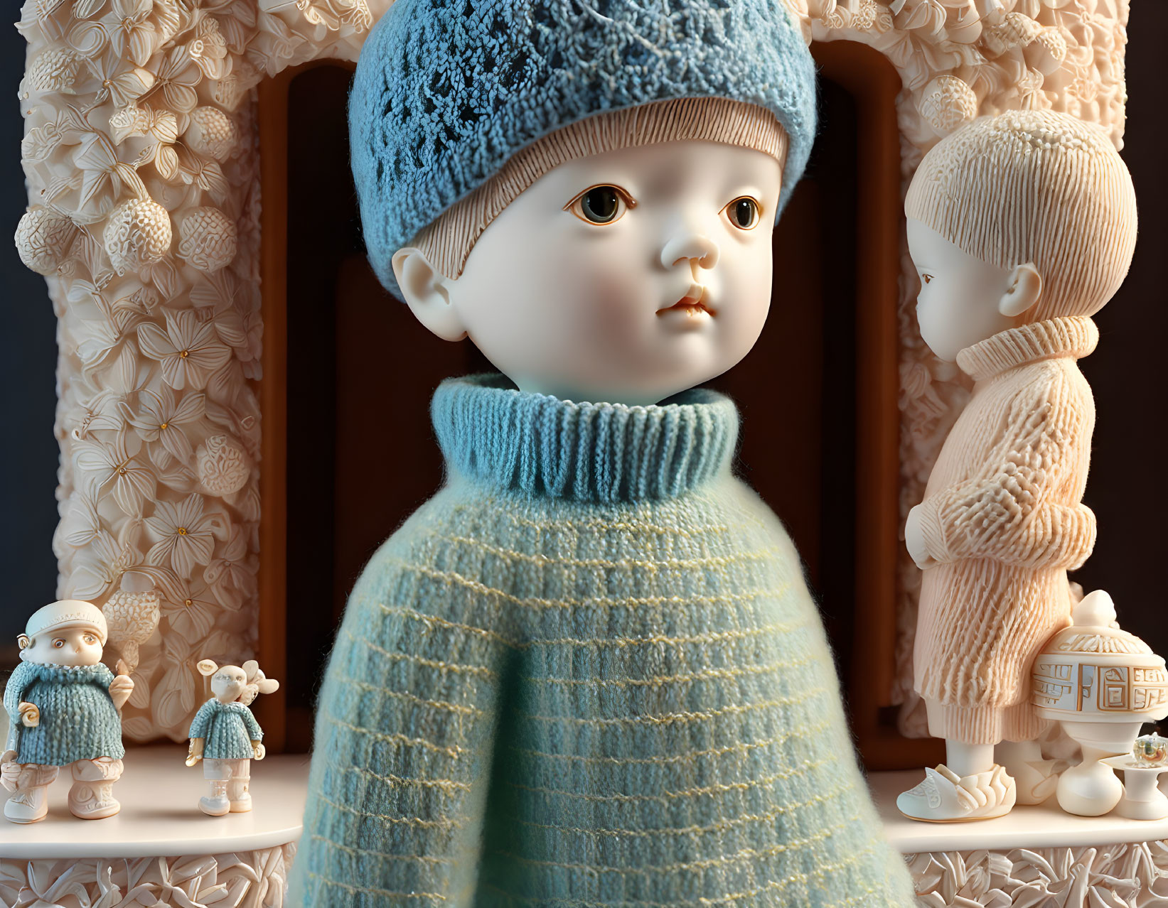 Realistic porcelain dolls in textured knitted clothing against floral backdrop