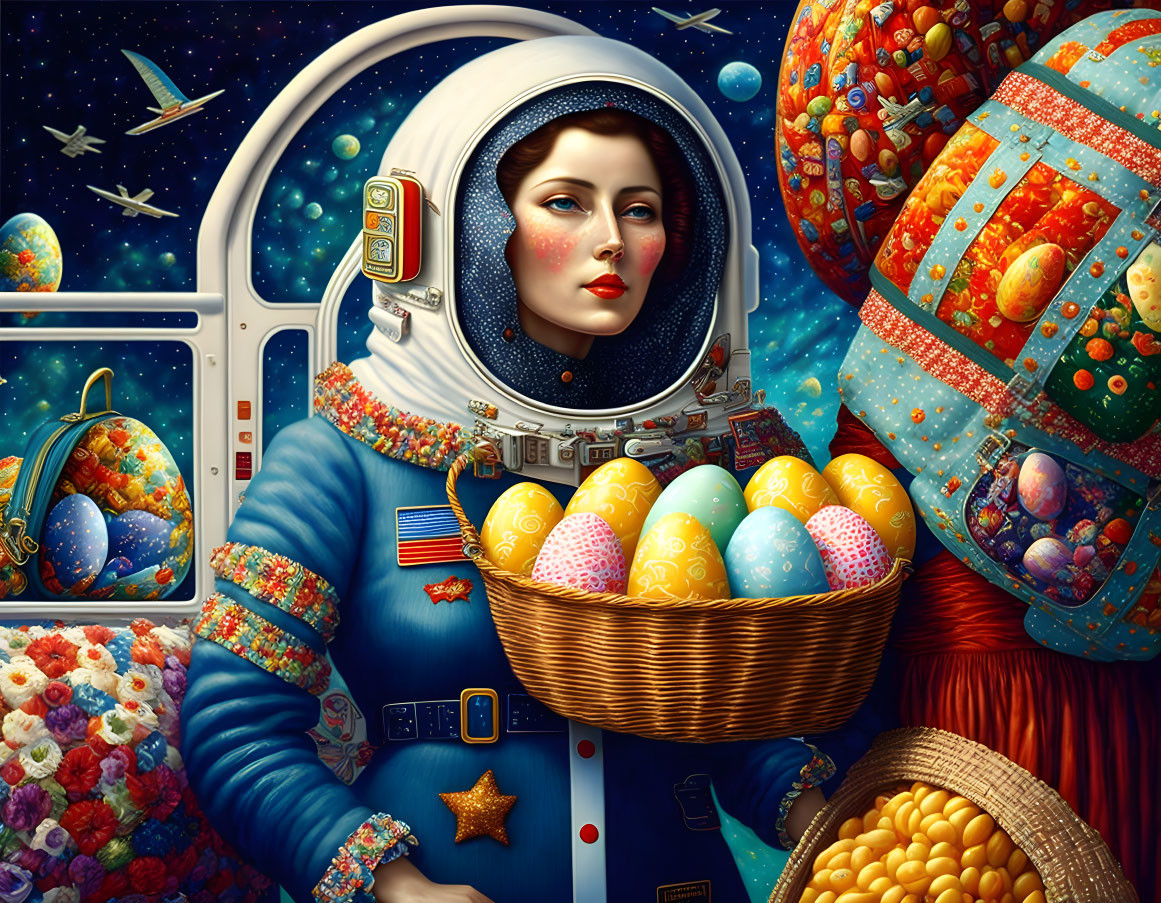 Female astronaut with Easter-themed planets and stars illustration.