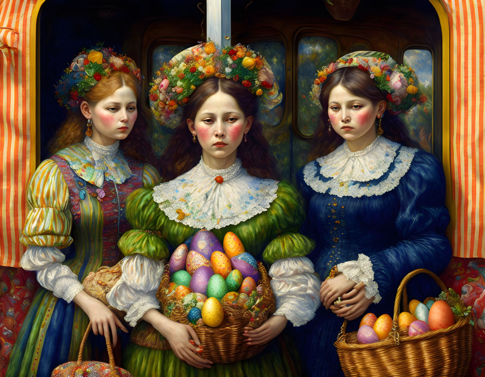 Three Women in Traditional Dresses with Colorful Eggs in Vintage Trolley