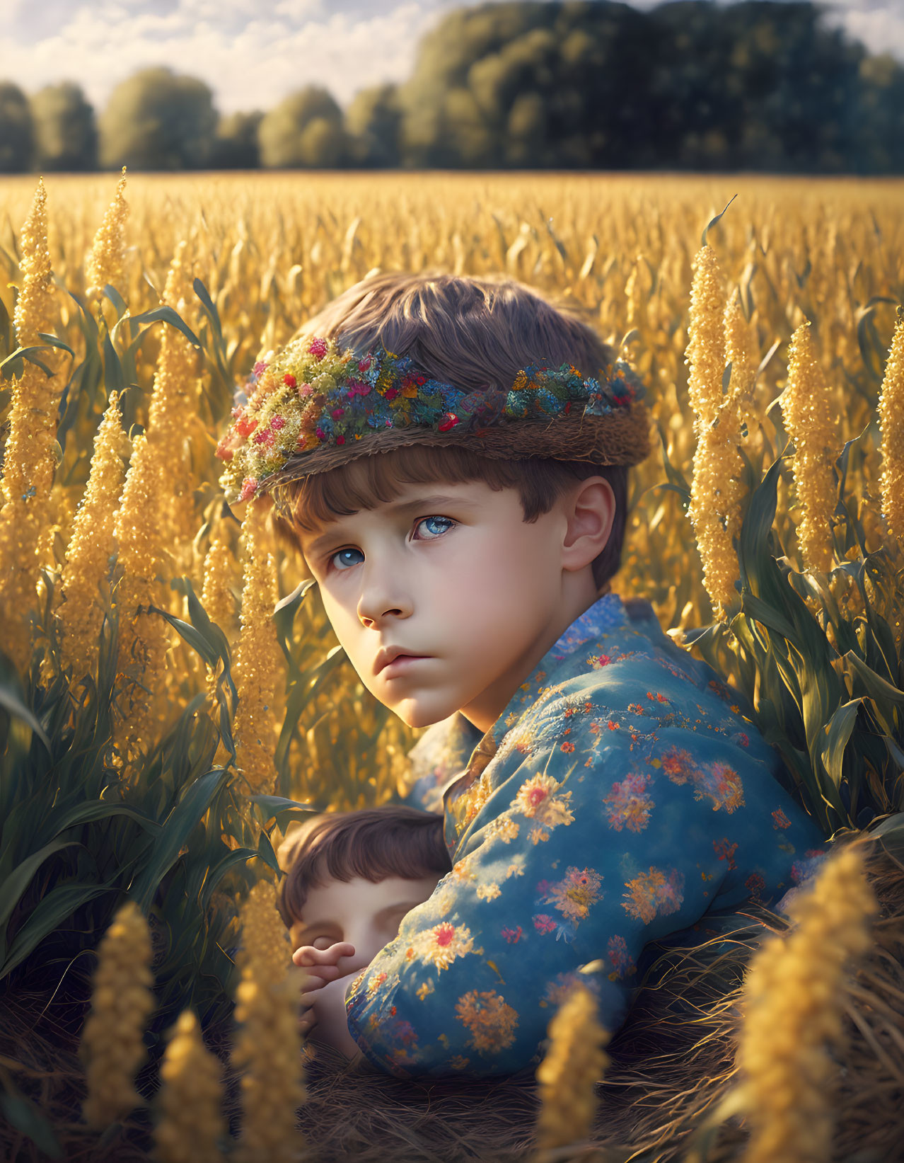 Boy with Flower Crown in Golden Wheat Field with Another Person in Background