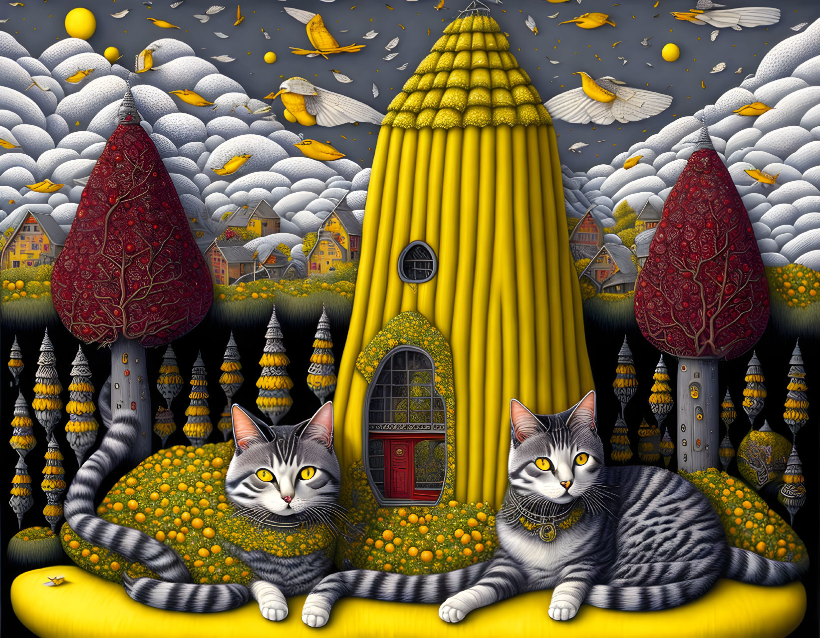 Surreal artwork of striped cats, yellow tower, red trees, houses, and flying birds