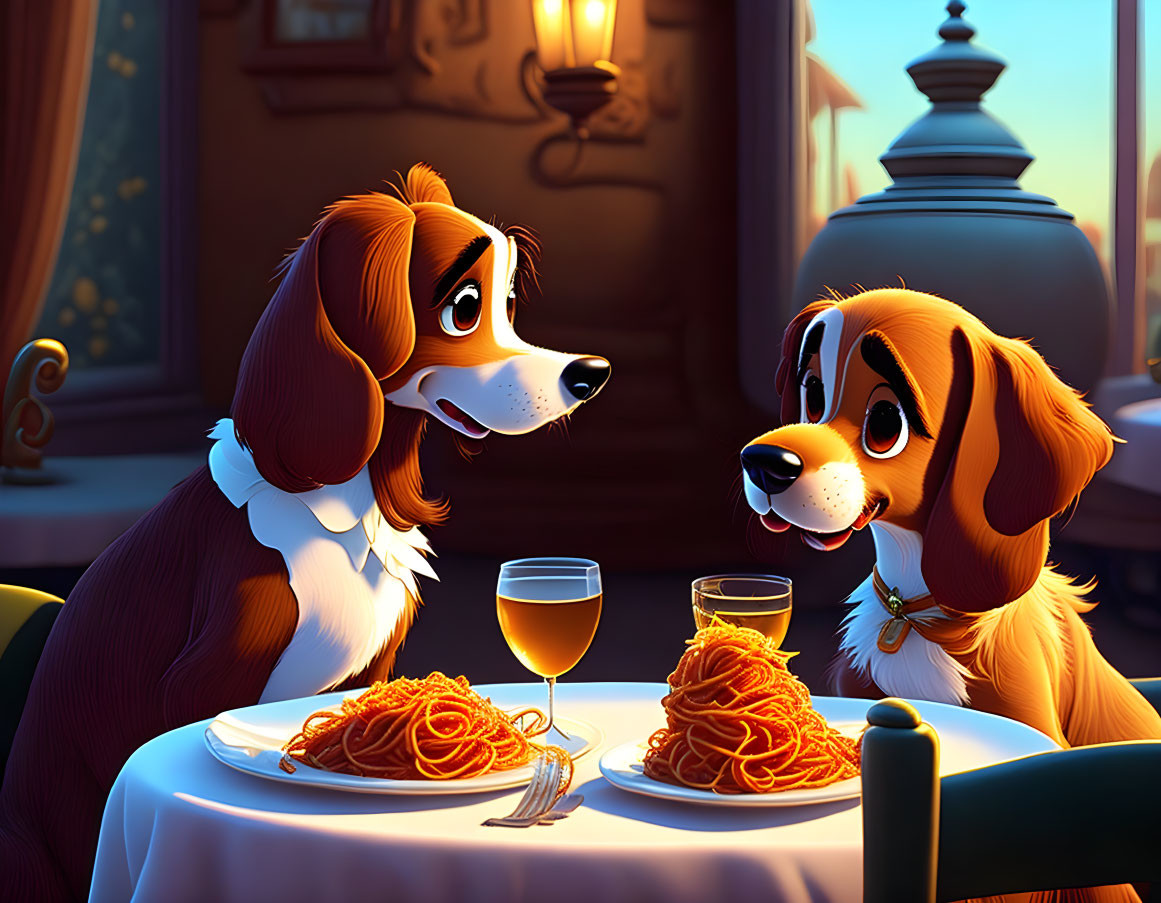 Animated dogs enjoying spaghetti and orange drinks in cozy dinner setting