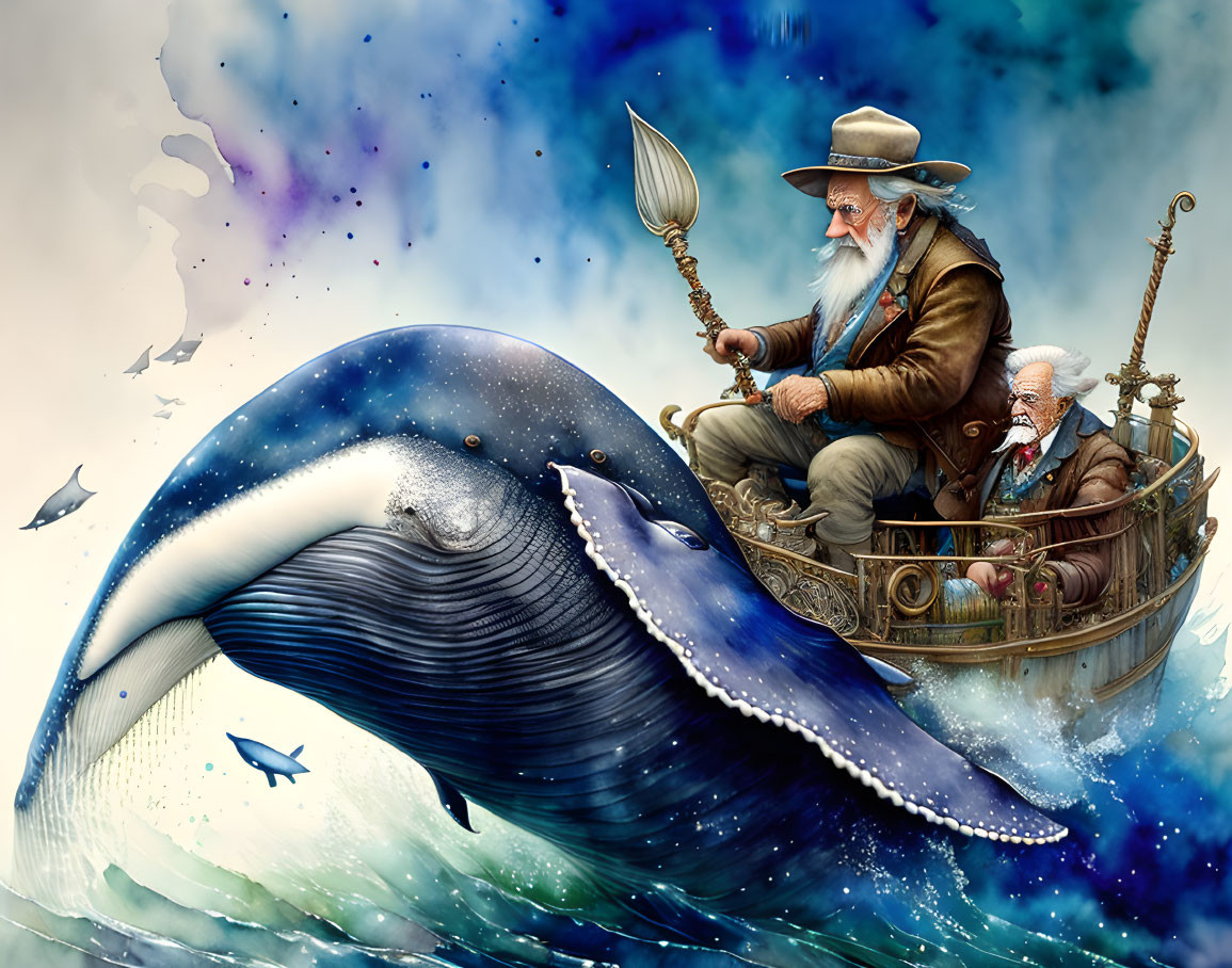 Elderly man in hat pilots boat on whale with flying fish in ocean scene