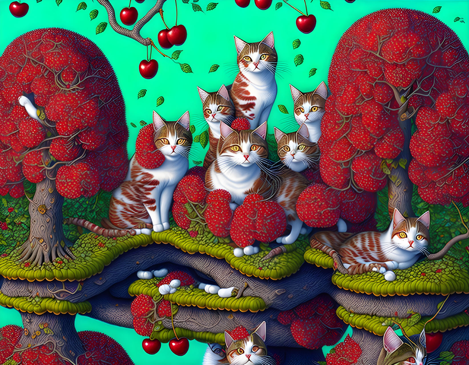 Vibrant illustration of identical cats among whimsical trees