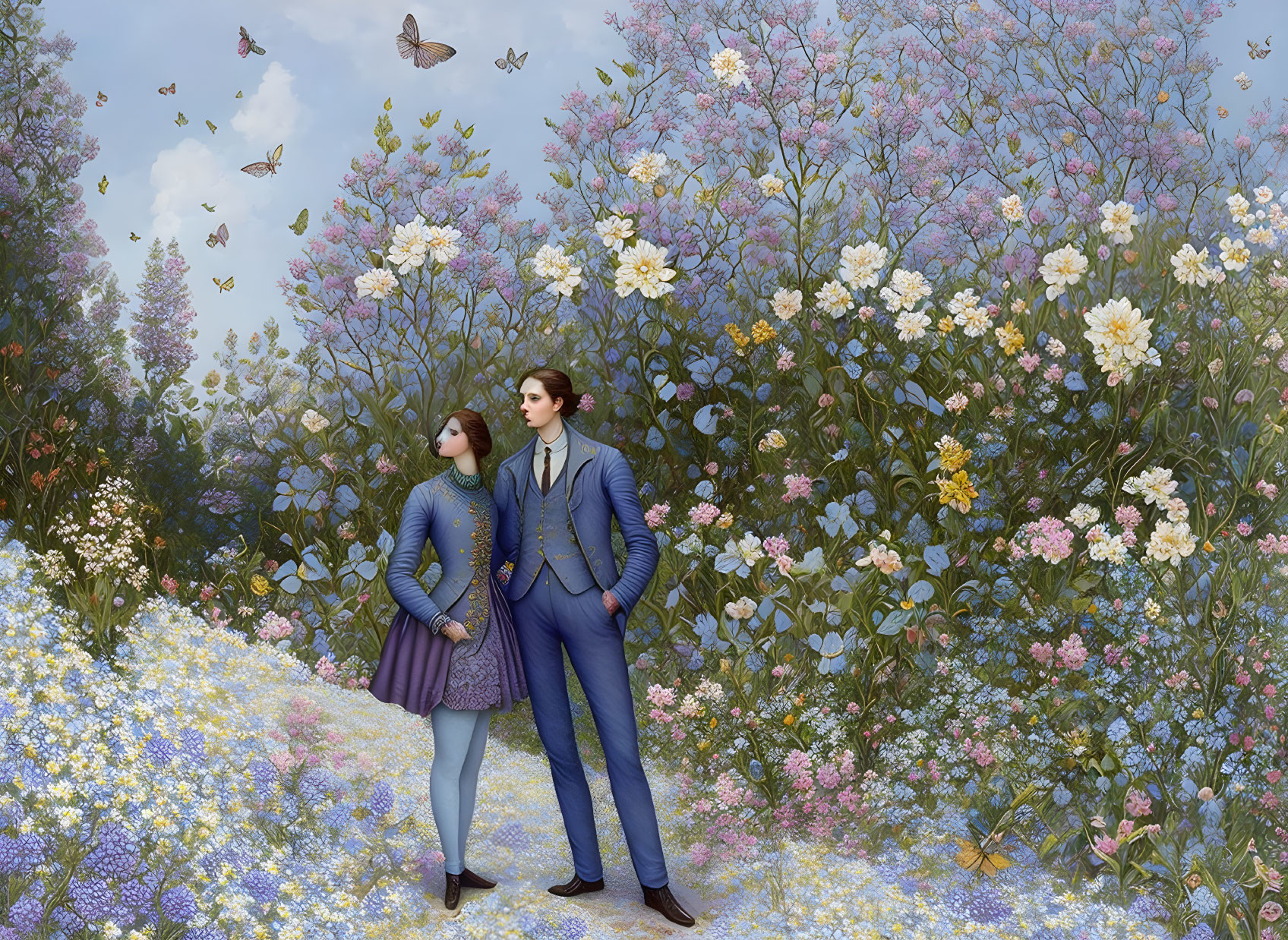 Vintage-clad couple surrounded by blooming flowers and butterflies under cloudy sky