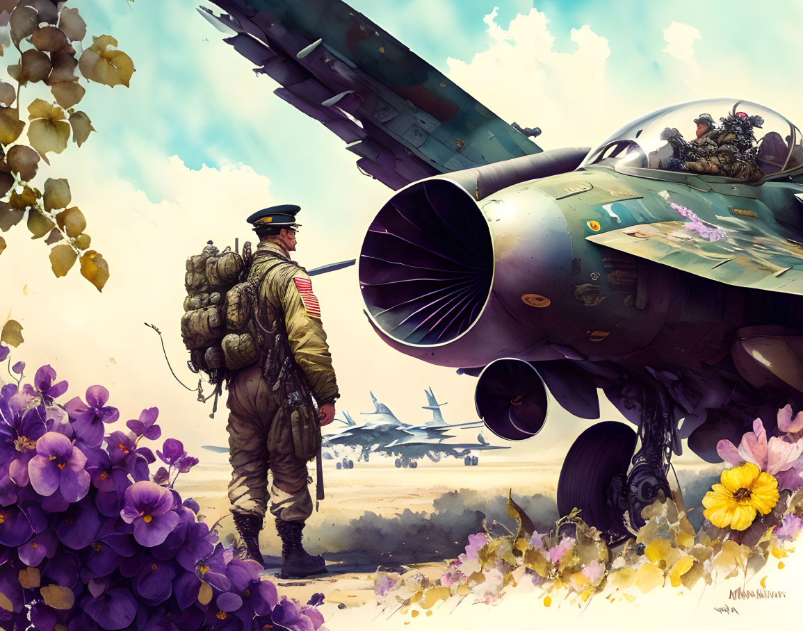 Military pilot in gear beside fighter jet with flowers, distant aircraft, and cloudy skies