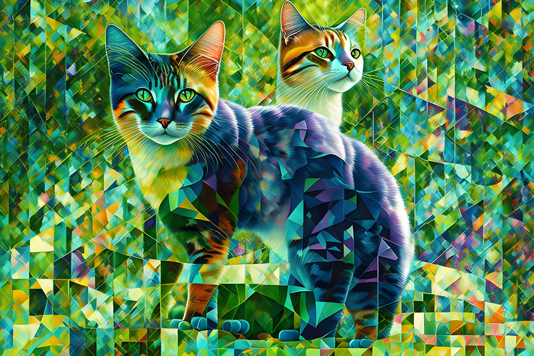 Colorful geometric cat art with vibrant patterns