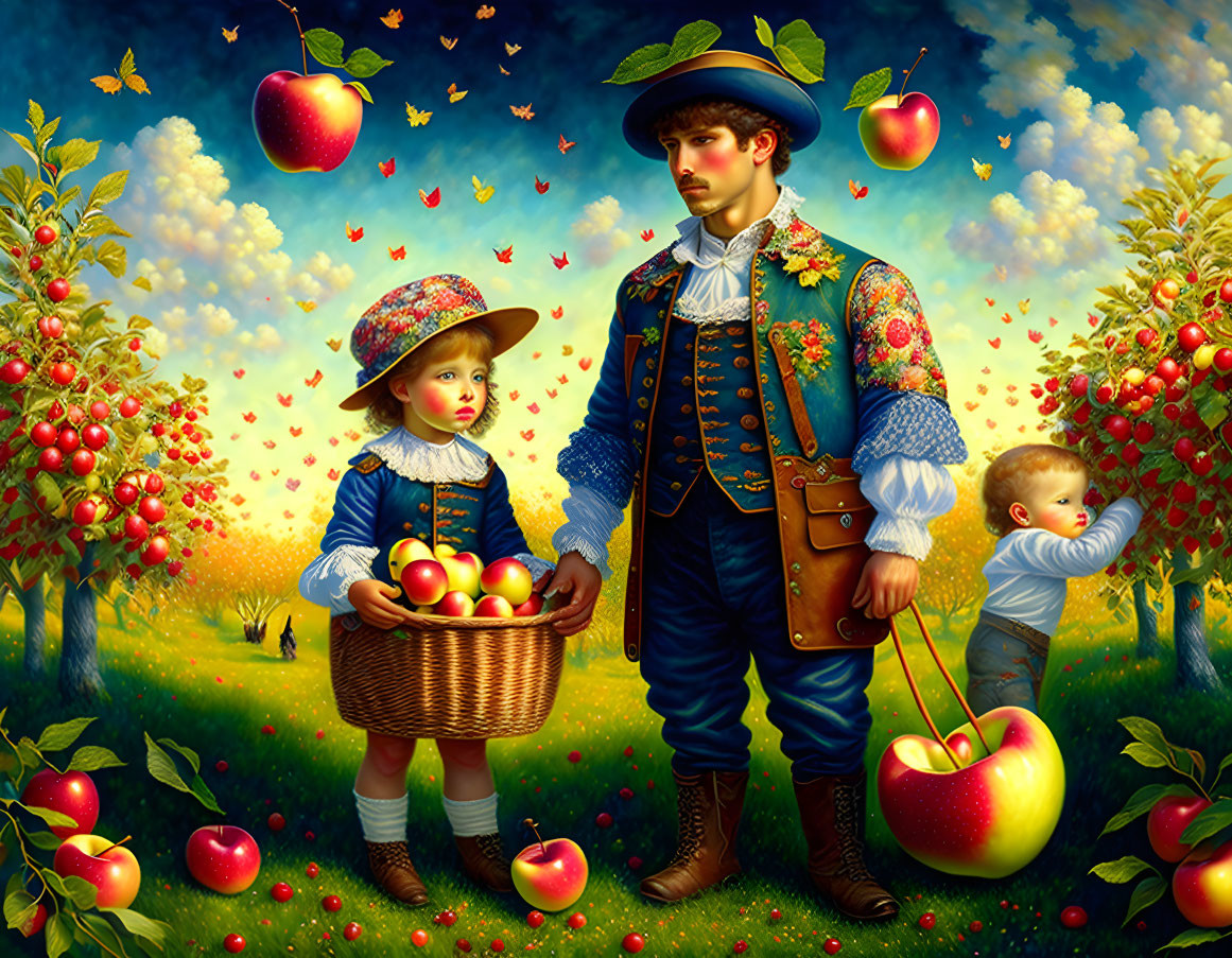 Historical attire trio in whimsical painting with oversized apples and lush trees.