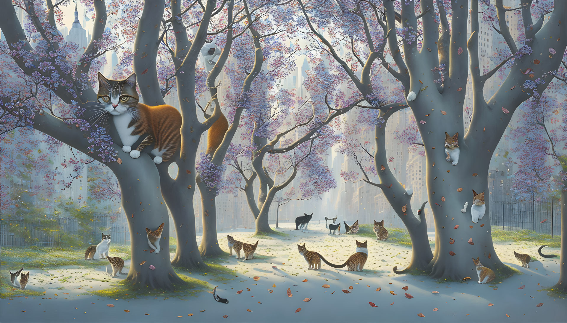 Multiple Cats Playing Amongst Blooming Trees in Sunlit Park