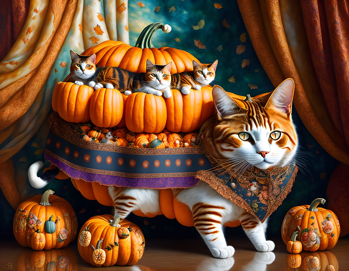 Colorful cat illustration with pumpkin carriage and smaller cats.