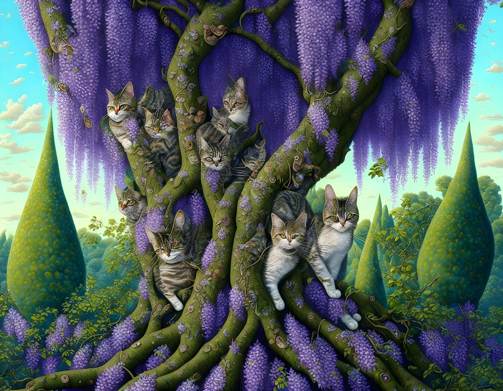 Surreal artwork: Tree with purple cat-like foliage against blue sky