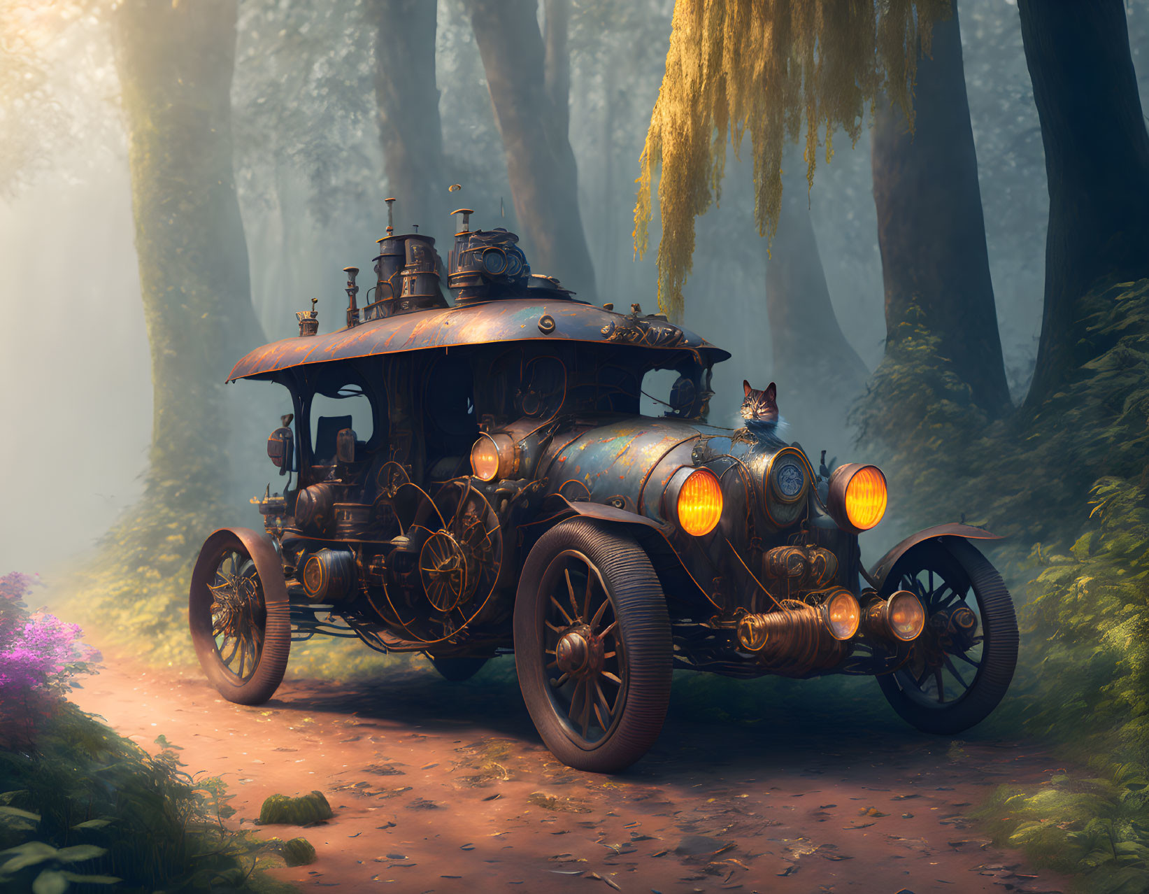 Steampunk-style vehicle with gears and pipes in misty forest.