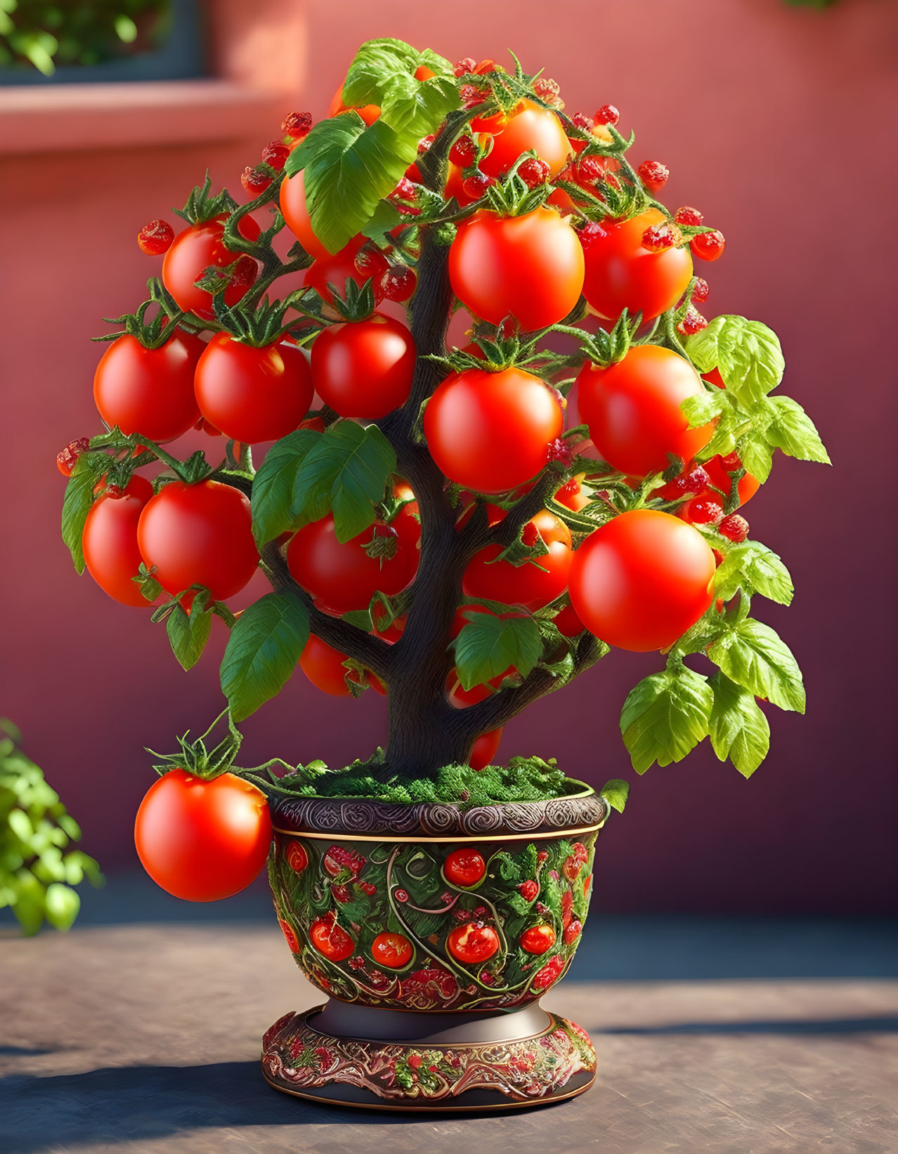 Miniature Tomato Tree with Ripe Red Tomatoes in Decorative Pot