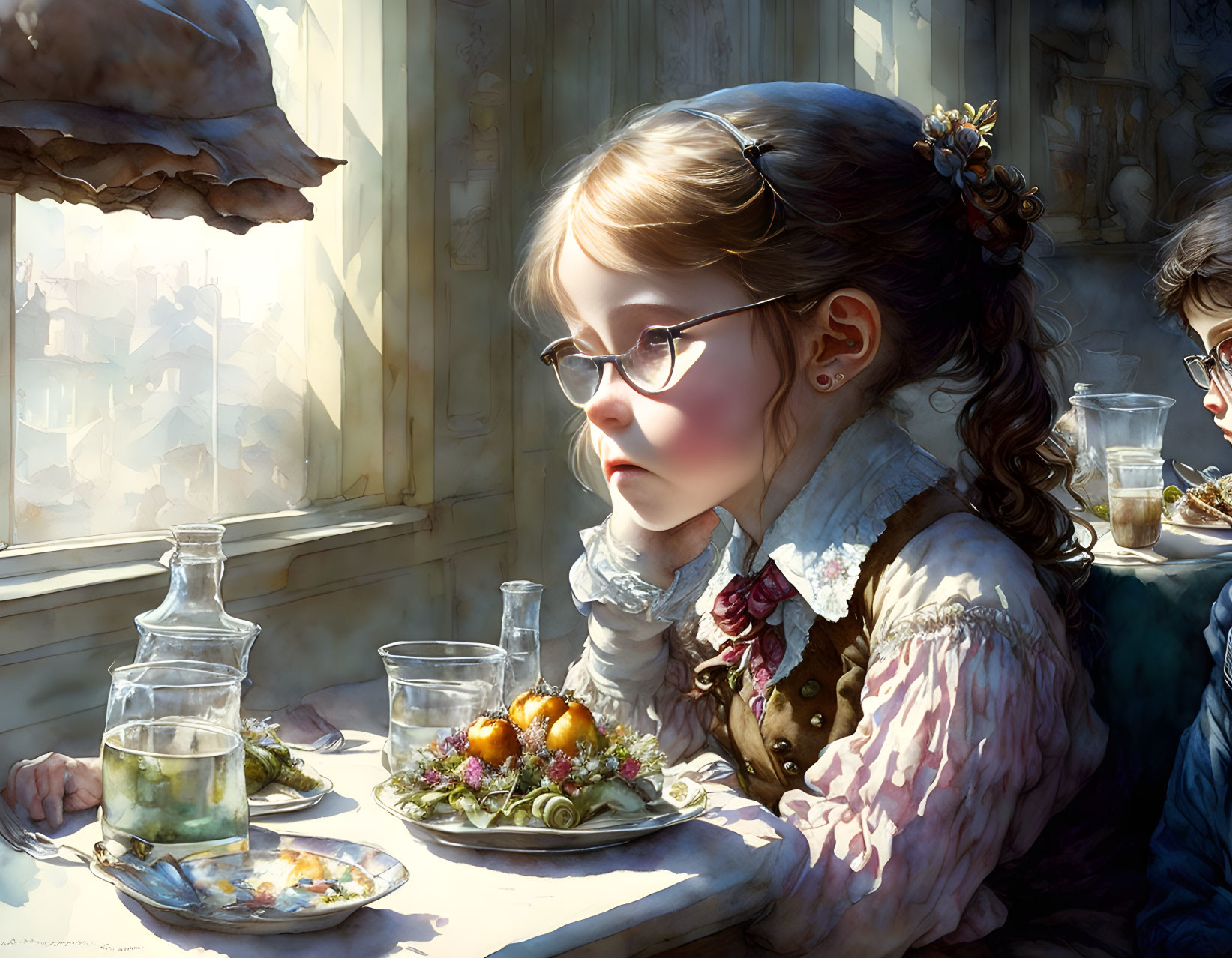 Young girl with glasses sitting at sunlit table with fruit and water pitchers.