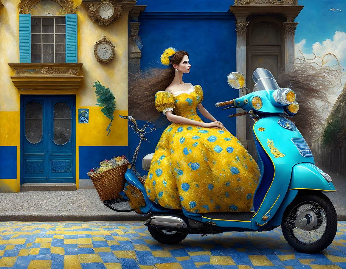 Woman in Yellow Floral Dress on Blue Scooter in Vibrant European Street Setting