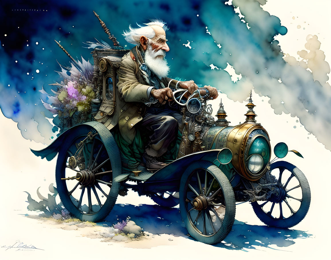 Elderly man pilots steampunk vehicle in vintage attire