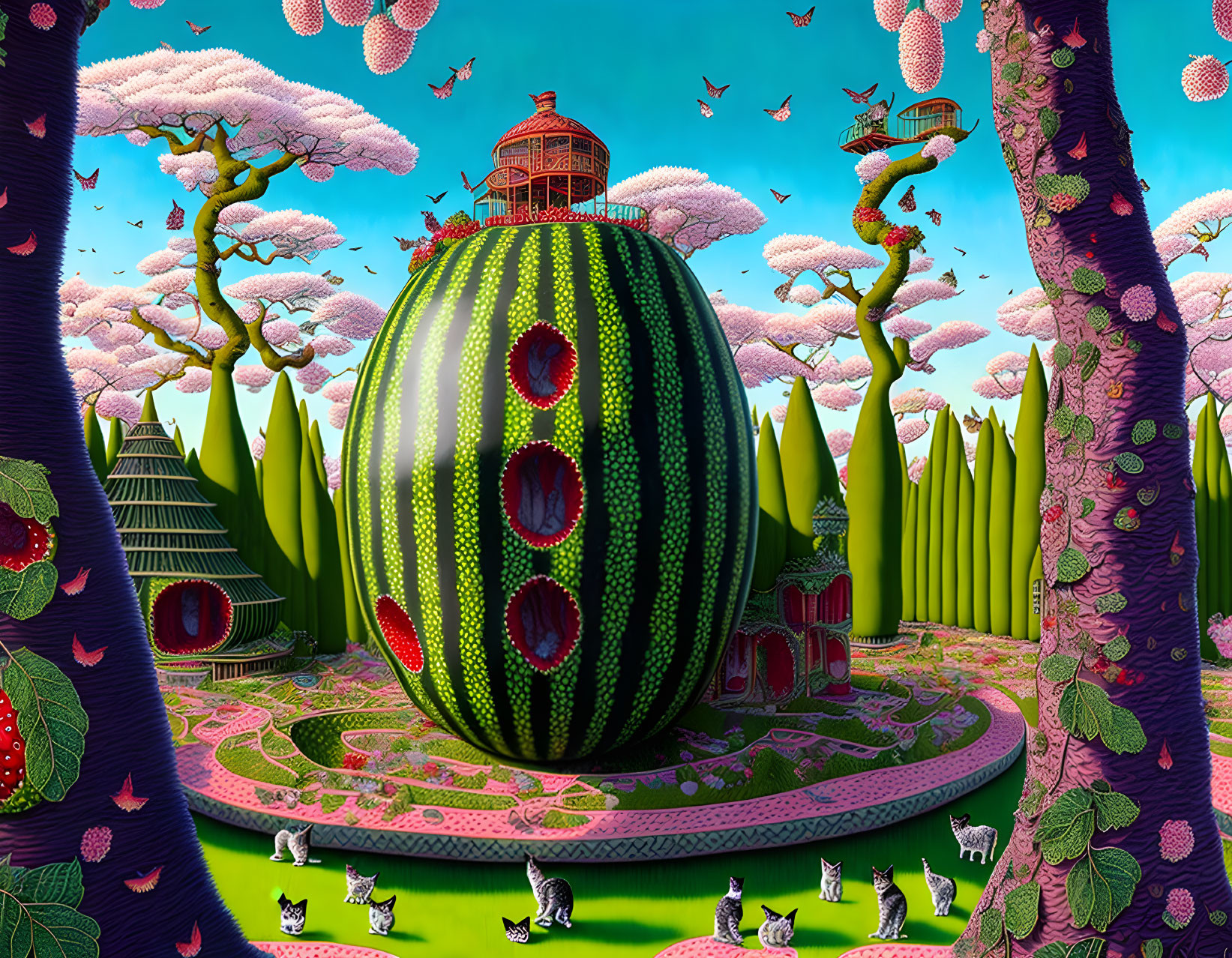 Whimsical landscape with watermelon-shaped building, cherry blossom trees, cats, birds