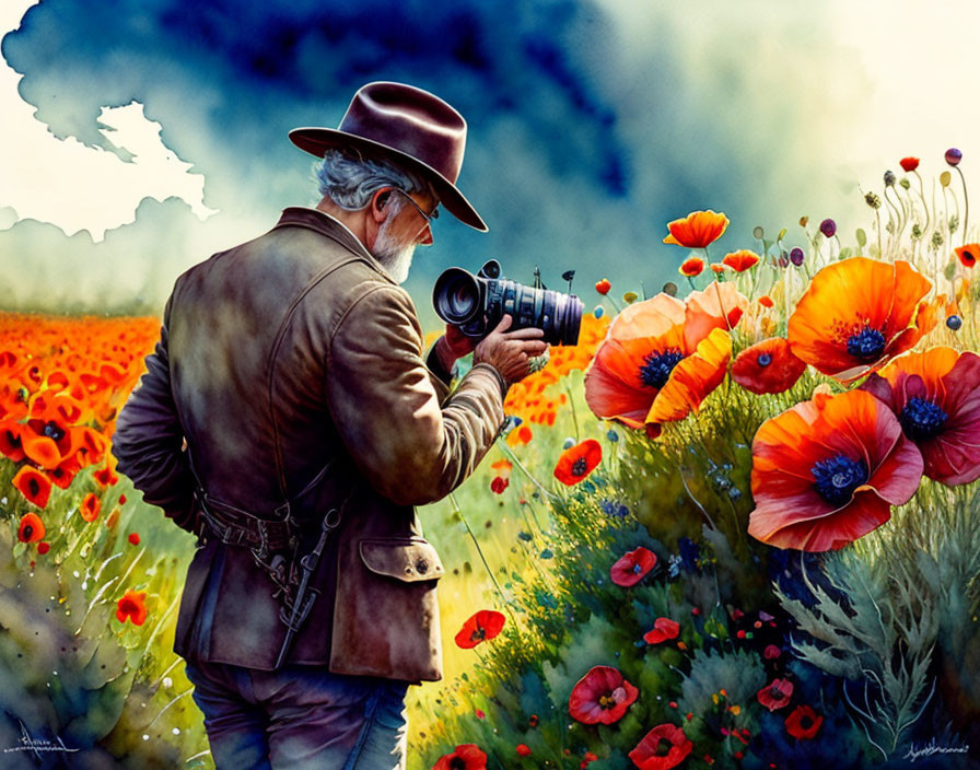 Elderly Photographer in Hat Captures Vibrant Poppy Field